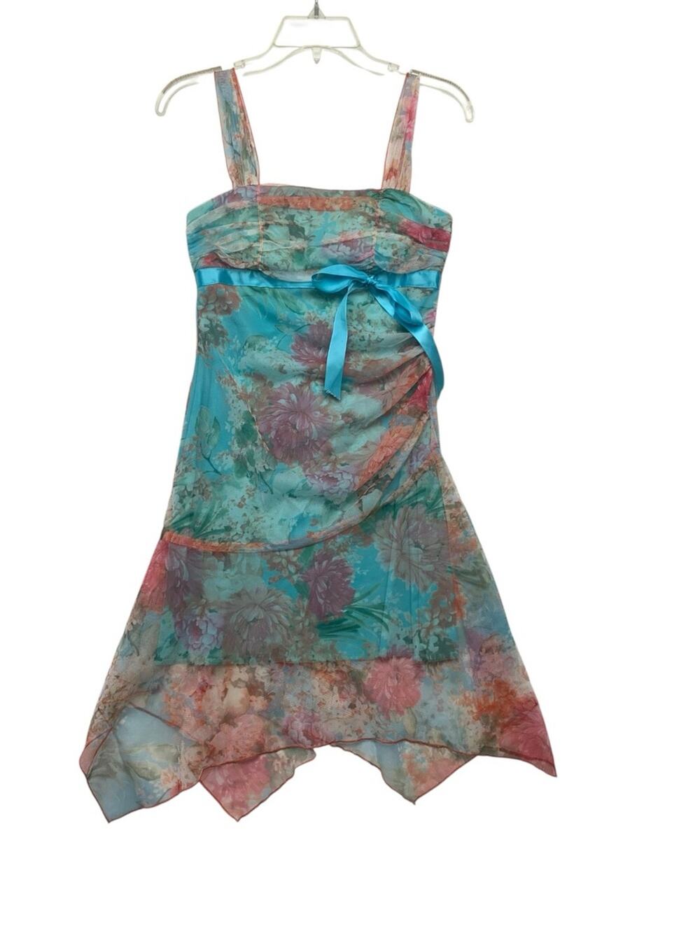XoXo size medium y2k fairy Floral Aqua Summer Dress mini Ribbon Tie girl brat